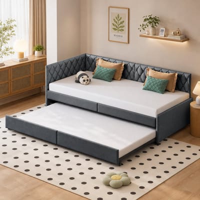 Tweepersoonsbed, 90/90x200 cm, slaapbank met uittrekbaar bedframe, om te bouwen tot een tweepersoons slaapbank, lattenbodem, uitschuifbare slaapbank, geschikt voor volwassenen en tieners, Fluwelen Stof, DonkerGrijs