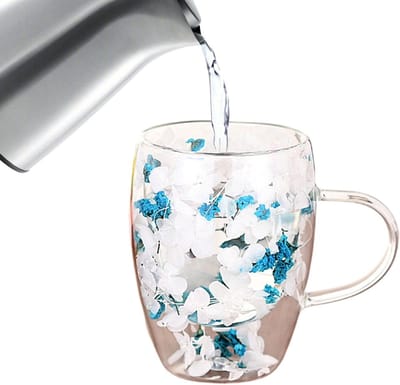 Gedroogde Bloemen Mok - Natuur Mok - Warme Dranken - Uniek Bloemen Design - 350 ml Inhoud - Blauw