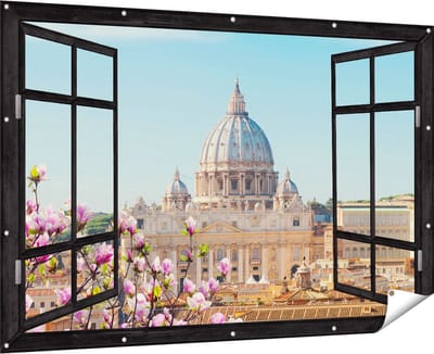 Gards Tuinposter Doorkijk Sint Pietersbasiliek in Rome met Bloemen - 180x120 cm - Tuindoek - Tuindecoratie - Wanddecoratie buiten - Tuinschilderij