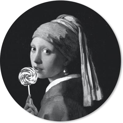 Muismat rond 20x20 cm - Mousepad Het meisje met de parel - Johannes Vermeer - Zwart - Wit - Ronde muismatten