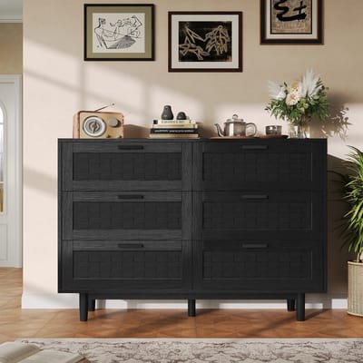 ladekast met 6 laden, moderne ladekast, opbergkast met lades en deur in rotanlook, opbergkast, bohemian ladekast voor woonkamer en slaapkamer, 115x40x80cm, zwarte kleur