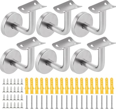 Set van 6 RVS Handrail Holders voor Wandmontage - 60x60mm voor Trapleuning Binnen en Buiten met M8x40 Wandpluggen en Zelftappende Schroeven