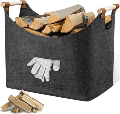 Dikke Vilt Haardmand met Versterkte Houten Handgreep, Vouwbare Houtmand voor Haardhout, Tijdschriften en Winkelen, Donkergrijs, Ruime Opbergmand voor Diverse Toepassingen