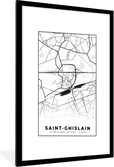 Fotolijst incl. Poster Zwart Wit- Zwart Wit – België – Plattegrond – Stadskaart – Kaart – Saint Ghislain - 60x90 cm - Posterlijst