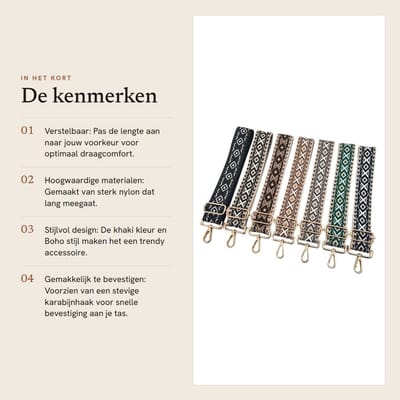 Dailygoods- Schouderriem Verstelbaar 72-130 cm - Tasriem Boho-Stijl - Schouderband voor Tas - Karabijnhaak - Duurzaam Nylon - Robuuste Hardware