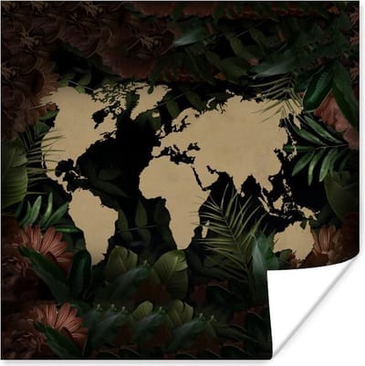 Poster 30x30 cm - Wereldkaart - Bloemen - Planten - Posters - Kamer decoratie - Wanddecoratie woonkamer - Muurdecoratie slaapkamer