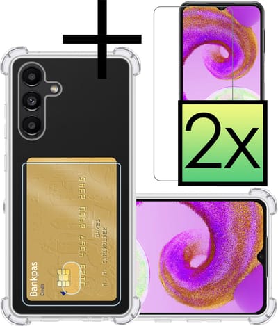 Hoesje - Geschikt voor Samsung Galaxy A04s - Met 2x Screenprotector - Pashouder - Kaarthouder - Telefoon Hoes Shockproof - Siliconen Case - Back Cover - Shock Proof - Pasjes Houder - Transparant