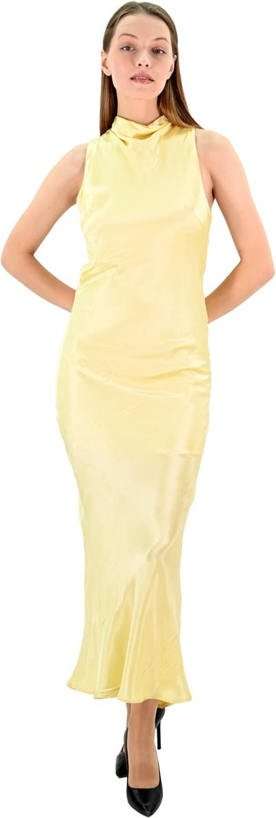 YesMooi - Siena - Satijnlook Midi Jurk met Hoge Hals - Geel - S (36)