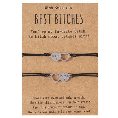Vriendschapsarmbandjes voor 2 "Best Bitches" Hartjes - Zilverkleurig met Zwarte Bandjes - BFF Armband op Cadeau kaartje - Pax Amare
