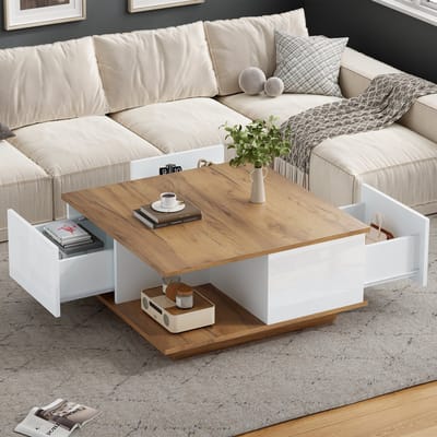 Salontafel 70x70x31,5 cm - met 3 lades - geometrische salontafel - woonkamer tafel - bijzettafel - wit en houtkleur
