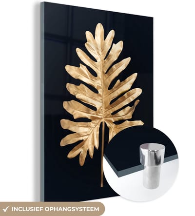 MuchoWow® Glasschilderij 120x160 cm - Schilderij acrylglas - Bladeren - Herfst - Goud - Zwart - Natuur - Luxe - Foto op glas - Schilderijen