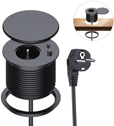 Bureau stekkerdoos -Desktopvoeding USB-oplader - Verzonken stopcontact - USB + Type-C-interfaces - 18W snellaadpoort - 7,5 * 7 cm - Schuifdeksel - Lekbescherming - 1,5 m kabel - Geschikt voor desktops en kantoren - Zwart