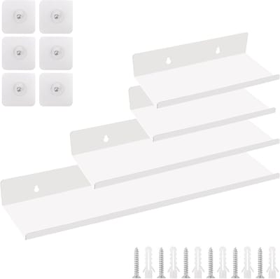 Set van 4 Witte Drijvende Planken voor aan de Muur, Moderne Metalen Wandplanken in Diverse Maten, Fotoplank voor Woonkamer, Badkamer en Slaapkamer