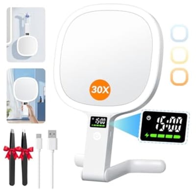 LED make-up spiegel met slim display, 30X/1X dubbelzijdig, 3 kleuren dimbaar, opvouwbaar, USB-C oplaadbaar, 2500mAh, voor thuis en reis