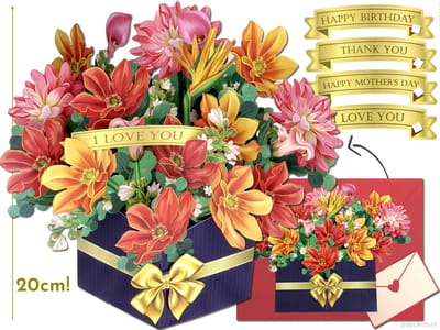 Popcards pop-up kaarten - Groot Vrijstaand Boeket Gekleurde Bloemen Dahlia's Moederdag Verjaardag Jarig Gefeliciteerd pop-up kaart wenskaart