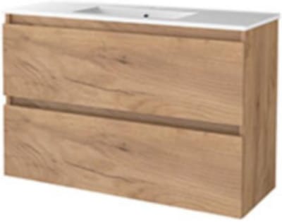 Basic-Line Start 39 Badkamermeubelset - Ondiep - 100 x 39 cm - Greeploos - 2 Lades - Keramische Wastafel - 1 Kraangat - Whisky Oak
