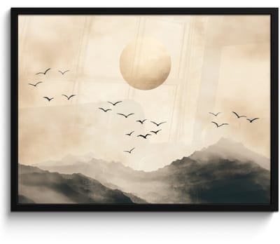 Poster in lijst - Fotolijst 80x60 cm - Posters - Landschap - Japandi - vogel - Posterlijst zwart - Decoratie - Wanddecoratie woonkamer - Muurdecoratie slaapkamer