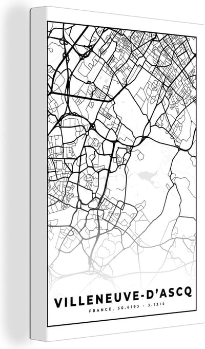 Canvas Schilderij Kaart - Stadskaart - Frankrijk - Villeneuve-D'Ascq - Plattegrond - Zwart wit - 20x30 cm - Wanddecoratie