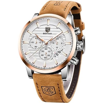 Manike BY 5104 Chronograaf Herenhorloge – Klassiek Sportief Design – Leren Band – Quartz Uurwerk – Datumweergave – 3ATM – Cadeaubox