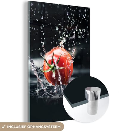 MuchoWow® Glasschilderij 120x180 cm - Schilderij acrylglas - Tomaat - Groente - Stilleven - Water - Rood - Foto op glas - Schilderijen