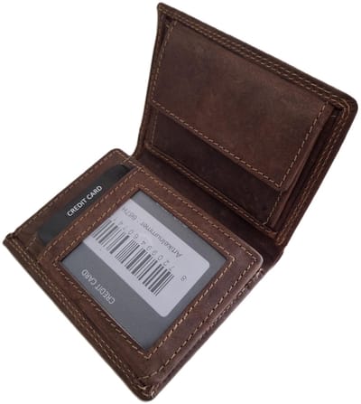 OI kleine Hunter bruine lederen billfold hoog model / verticale portemonnee zeer compact tóch veel ruimte voor pasjes / kleine complete heren beurs / Anti skim / bruin leer / 667H