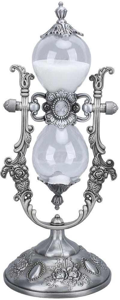 Dailygoods - Zandloper met standaard, vintage-stijl, 15 min. gravure, gouden zandloper in reliëf, timer, plankdecoratie (oud zilver)