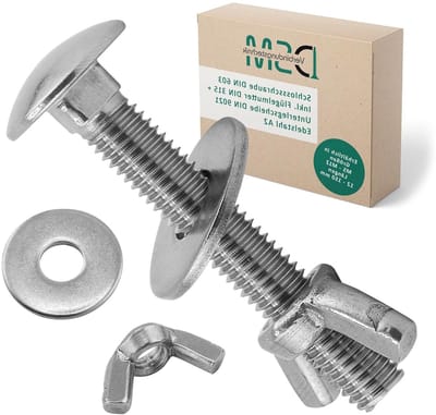 DSM – Slotbouten M12 x 80 mm volgens DIN 603 – M12 vleugelmoer DIN 315 & sluitring DIN 9021 – roestvrij staal A2/V2A – vlakke ronde kopschroeven met vierkante aanzet – vlindermoer – 100 stuks