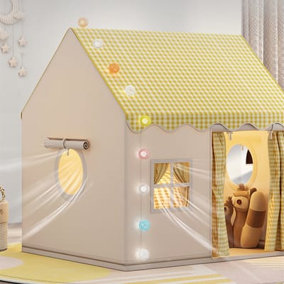 Kinder Speeltent Binnen – Prinses Kasteel Speelhuis voor Meisjes & Jongens met Katoenen Mat & LED Lichtslinger – Opvouwbare Indoor Speeltent – Geel – 120x105x128 cm