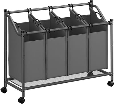 Songmics Wasmand met wielen, wasmand met 4 verwijderbare waszakken, waswagen, wasmand, voor wasruimte, slaapkamer, badkamer, 4 x 45 L, leisteengrijs RLS103G01