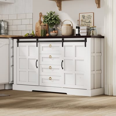 HAUSS SPOLE Dressoir - Schuifdeuren En 4 Lades Met Verstelbare Legplanken - Voor Keuken En Woonkamer - MDF - Wit - 150x40x85 Cm