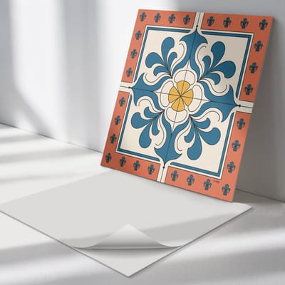 Wallfluent Vinyl Tegels - Volkspatroon met Bloemen Vinyl Tegels Zelfklevend - 30 cm x 30 cm - Blauw PVC Tegels - 9 stuks - Vierkant PVC Tegels - Texturen Plaktegels - Zelfklevende Vinyltegels - Plaktegels Keuken en Badkamer