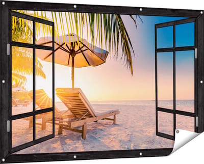 Gards Tuinposter Doorkijk Tropisch Strand tijdens Zonsondergang - 150x100 cm - Tuindoek - Tuindecoratie - Wanddecoratie buiten - Tuinschilderij