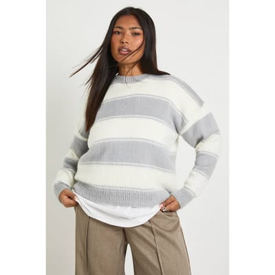 boohoo Dames plus Oversized Marl Gestreepte Trui | Grey | Maat: 16-18
