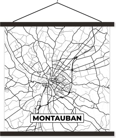 Posterhanger incl. Poster 60x60 cm - Schoolplaat - Frankrijk - Kaart - Montauban - Plattegrond - Stadskaart - Zwart wit - Textielposter - Zwarte latten - Stadskaart