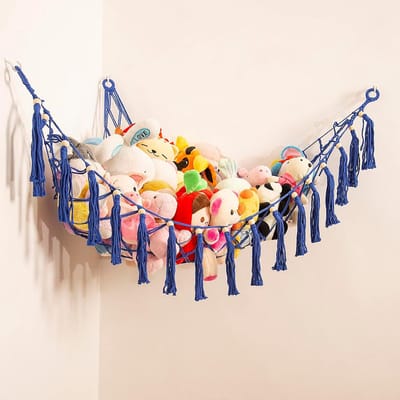 Hangmat met knuffels - Speelgoed net - Speelgoed opbergen - Handgemaakt macramé - 105x105x155 cm - Blauw