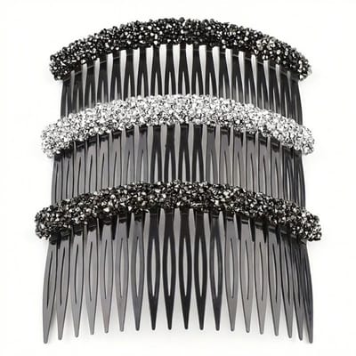 Set van 3 haar kammen – 1 zilverkleurige strass kam + 2 zwarte strass kammen – kunststof decoratieve haaraccessoires met fijne tanden – geschikt voor dames – ideaal voor opsteekkapsels