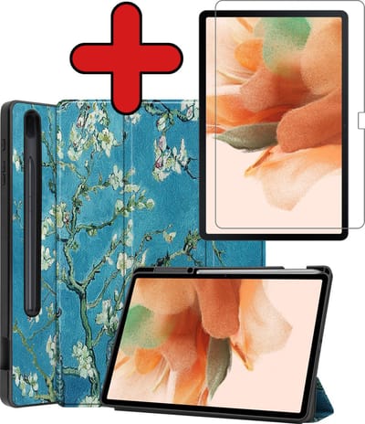 Hoesje - Geschikt voor Samsung Galaxy Tab S7 FE - Met Screenprotector - Trifold Bookcase Hoes - Hard Cover Case - Met Uitsparing Geschikt voor S Pen - Hardcover Book - Tablethoes - Bloesem