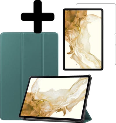Hoes - Geschikt voor Samsung Galaxy Tab S8 Ultra - Met Screenprotector - Trifold Bookcase - Hard Cover - Hardcover Book Case - Tablet Hoesje - Donkergroen