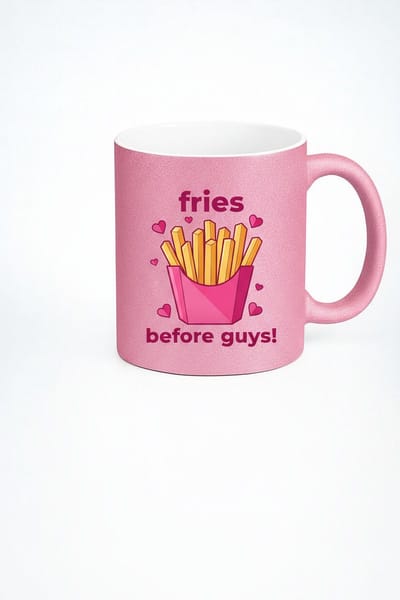 Roze Glitter Mok 'Fries Before Guys!' - Grappig Frietjes Design & Hartjes | Uniek Cadeau Dames Meisjes