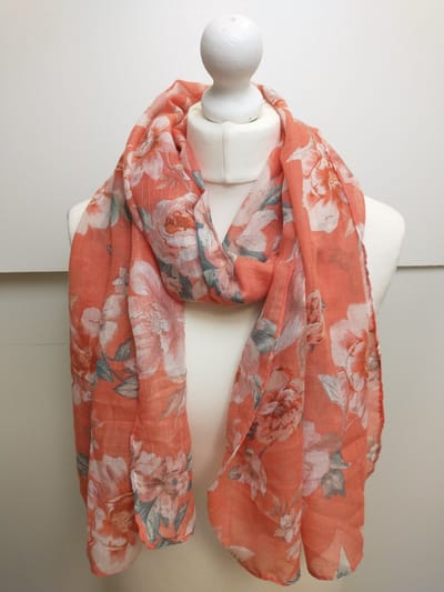Lange dames sjaal Rita-gebloemd motief-oranje wit groen abrikoos grijs roze licht geel