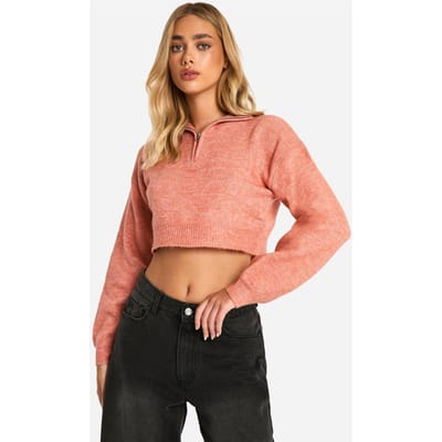 boohoo Dames Zachte gebreide half-zip crop trui | Koraal | Maat: Large