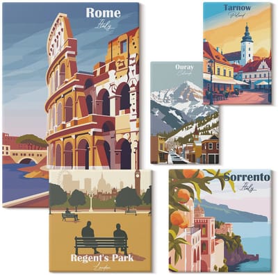 Wallfluent Set van canvas schilderijen - Landschappen van Europese steden en pittoreske uitzichten Canvas Schilderijen Set - Set van 5 Canvas Schilderijen - Veelkleurig Set van Canvas Prints - Steden Canvas Kunst Set - Boheemse Canvas Kunst Set