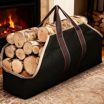 Houtmand -houtmand haardhout -Grote canvas draagtas voor brandhout - brandhoutdrager - brandhoutdrager met handvat - zwart - 91x44 cm