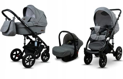 BabyLux® Kinderwagen 3in1 – SKY LARK - Grey Flex BLACK FRAME - Opklapbare Wandelwagen incl. Reiswieg, Multifunctionele Buggy Sportstoel, Autostoel - Combi-kinderwagen met Luiertas, Regenhoes, Klamboe, Bekerhouder, etc.
