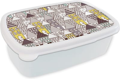 Broodtrommel Wit - Lunchbox - Brooddoos - Patronen - Huis - Skyline - 18x12x6 cm - Volwassenen