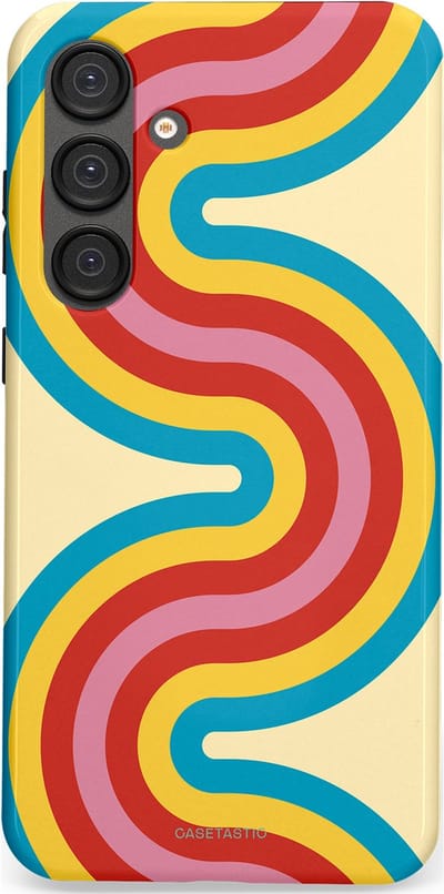 Casetastic hoesje geschikt voor Samsung Galaxy S25 Plus - Dubbellaagse bescherming - Retro kronkels - Fashion Case - Crème Lichtblauw Goud Rood