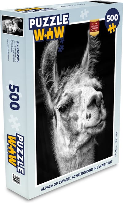 Puzzel Alpaca op zwarte achtergrond in zwart-wit - Legpuzzel - Puzzel 500 stukjes
