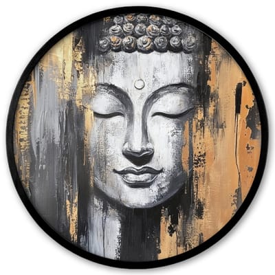 Poster in lijst Rond - Fotolijst 40x40 cm - Posters - Boedhha - Penseelstreken - Goud - Abstract - Ronde posterlijst zwart - Decoratie - Wanddecoratie woonkamer - Muurdecoratie slaapkamer