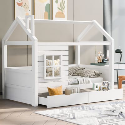DESMIU Huisbed Kinderbed 90x200cm – Kinderbed Met Raam En Uitvalbeveiliging – Opbergruimte Met Lades – Voor Kinderkamer – Grenenhout – Wit Zonder Matras