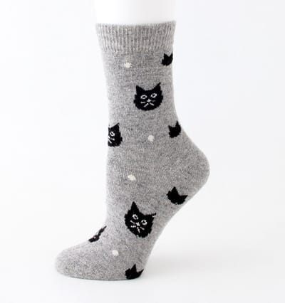 Wol Dames Sokken - Huissokken - Wandelsokken - grijs - leuke print zwarte kat - 36 - 40 - cadeau voor haar - gift